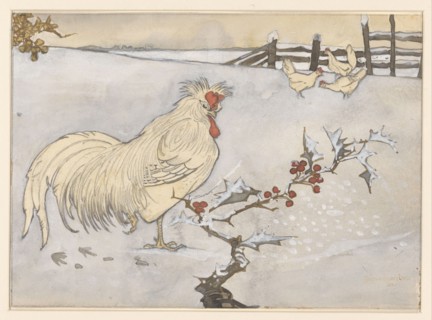 Rooster and three chickens in a snowy landscape with a branch of holly, 1906. Creator: Jan C Van der Ven.