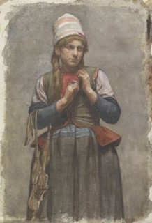 Standing girl in traditional costume with skates, 1874-1925. Creator: Jan Veth.