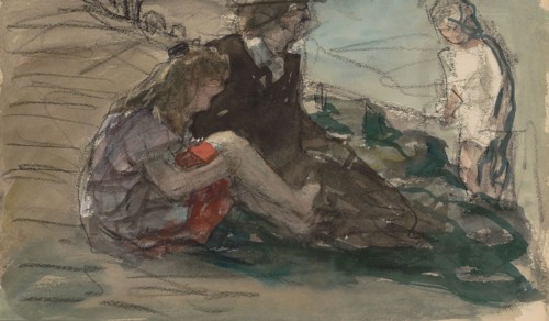 Woman with two children along the waterfront, 1881-1927. Creator: Johan Antonie de Jonge.