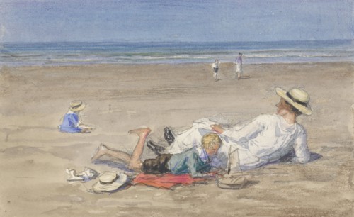 Resting nanny with two children on the beach, 1874-1927. Creator: Johan Antonie de Jonge.