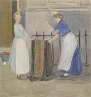 Two maids airing a mat in front of a town hall, 1874-1927. Creator: Johan Antonie de Jonge.