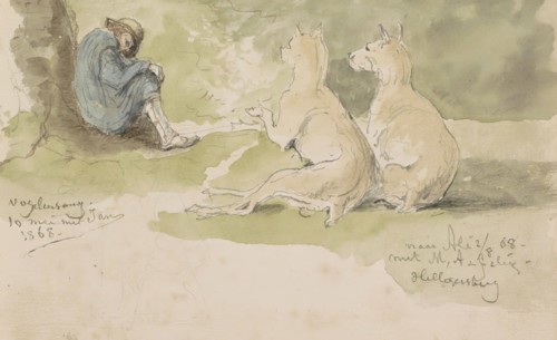 Man sitting against a stump with two dogs, 1868. Creator: Johannes Tavenraat.