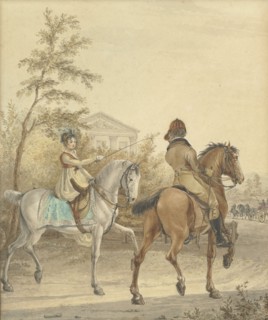 Man and a woman on horseback on a country road, 1802. Creator: Johannes Vinkeles.