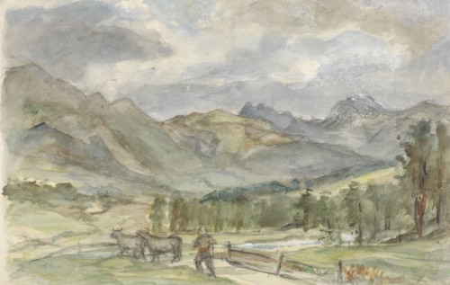 Mountain landscape with herdsman and two cows, 1834-1911. Creator: Jozef Israels.