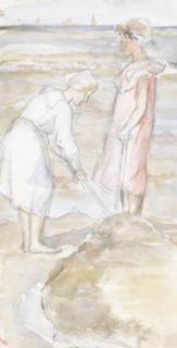 Two girls in pink and white on the beach, 1834-1911. Creator: Jozef Israels.