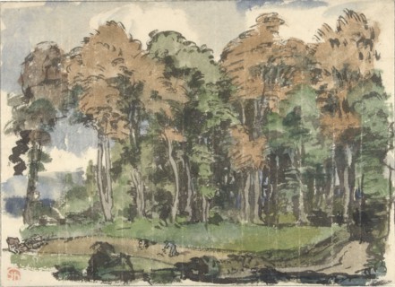 Road at the edge of a forest, with countrymen at work, 1880-1942. Creator: Jules Chadel.
