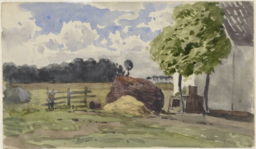 Pile of wood in a pasture at a farm, 1845-1925. Creator: Julius Jacobus van de Sande Bakhuyzen.