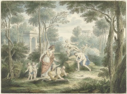 Arcadian landscape with Athena crowning an old man, and Venus and Adonis, 1747. Creator: Louis Fabritius Dubourg.