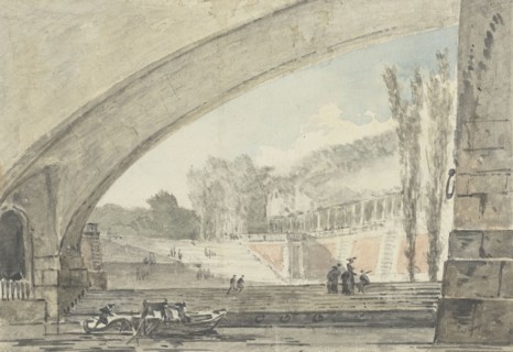 View under a bridge to terraces and a staircase, 1750-1806. Creator: Louis Gabriel Moreau.