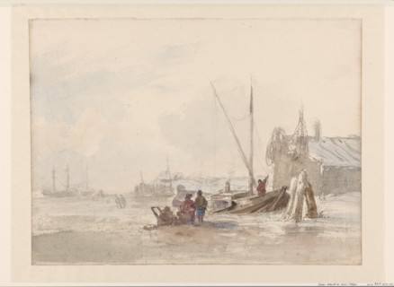Beach scene with fishermen near a boat in the foreground, 1819-1866. Creator: Johan Hendrick Louis Meijer.