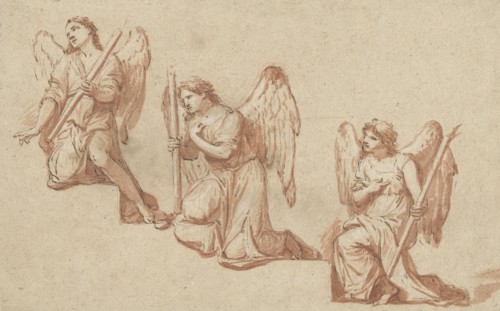 Three studies of kneeling angels with torches, 1690-1699. Creator: Marc Antonio Franceschini.