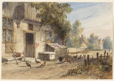 Farmyard with chickens on a country road, 1851. Creator: Newton Smith Limbird Fielding.