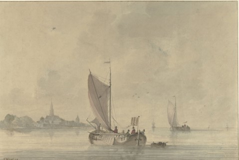 Sailing barges on the water in front of a Dutch town, 1758-1815. Creator: Nicolaas Wicart.