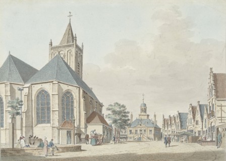 The market in Vlaardingen with the church and the town hall, 1737-1779. Creator: Pieter Jan van Liender.