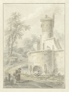 Landscape with an angler and a woman near a fortress tower, 1838. Creator: Pieter Barbiers.