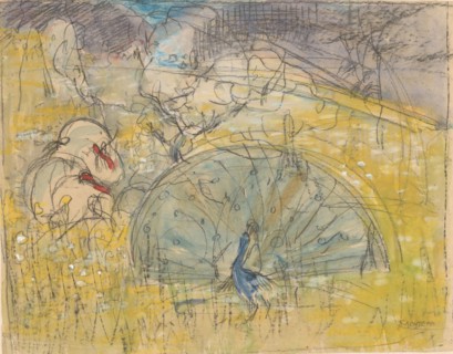 Displaying peacock and two turkeys, 1873-1917. Creator: Theo van Hoytema.