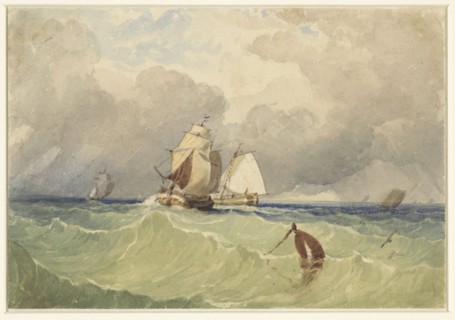 Three-masters and Dutch sailing barge in the open sea, 1830-1880. Creator: Thomas Sewell Robins.