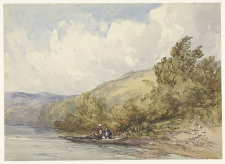 Hilly landscape with a lake and a boat with two figures, 1822-1908. Creator: William Callow.
