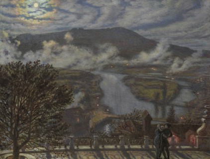 View from the terrace on a river landscape at night, 1875. Creator: William Holman Hunt.