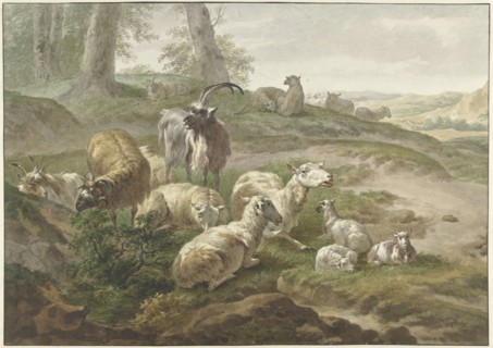 Goats and sheep in a hilly landscape, 1754-1831. Creator: Wybrand Hendriks.