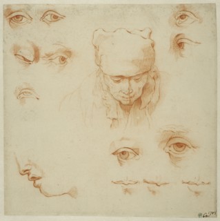 An old woman's head, studies of eyes and mouths. Creator: Abraham Bloemaert.