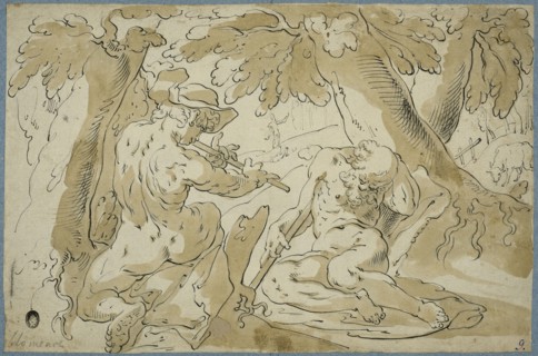 Faun playing flute sleeping shepherd (Merkurius o Argus). Creator: Abraham Bloemaert.