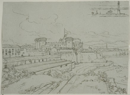 Castel Nuovo in Naples, and a sketch of the lighthouse. Creator: Adriaen Honing.