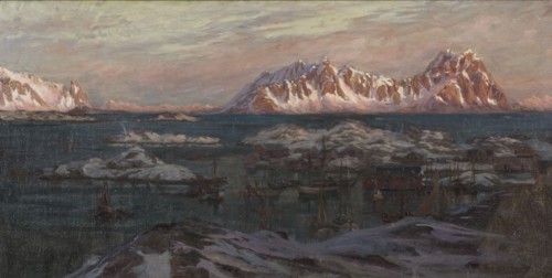 Fishing Harbour with Sunlit Mountains. Study from North Norway, c1900s. Creator: Anna Katarina Boberg.