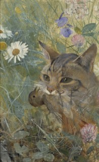 A Cat with a Young Bird in its Mouth. Five studies in one frame, 1885. Creator: Bruno Liljefors.