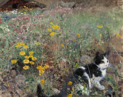 Cat on a flowery meadow, 1887. Creator: Bruno Liljefors.