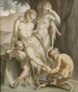 A satyr, a mean, and two fauns, busy pulling out a needle, 1713. Creator: Carl Gustav Klingstedt.