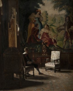 Gripsholm, interior from the King's bedchamber with male staffage figure. Creator: Edvard Perseus.