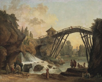 Draughtsman Drawing the Wooden Bridge in the Park of Méréville, late 18th-early 19th century. Creator: Hubert Robert.