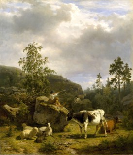 Forest Landscape with a Shepherd Boy and Cattle, 1856. Creator: Nils Andersson.