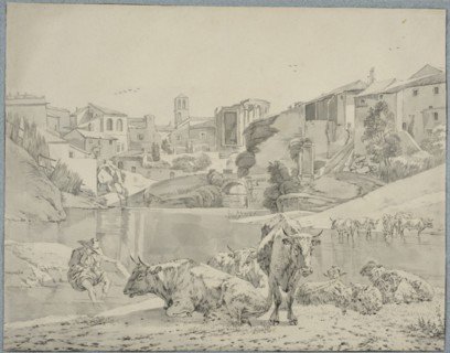 Cattle on the river Aniene in Tivoli. Creator: Willem Romeyn.