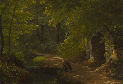 Jean-Jacques Rousseau picking flowers at the bubbling spring near the grotto in the northern park... Creator: Alexandre Haycinthe Dunouy.