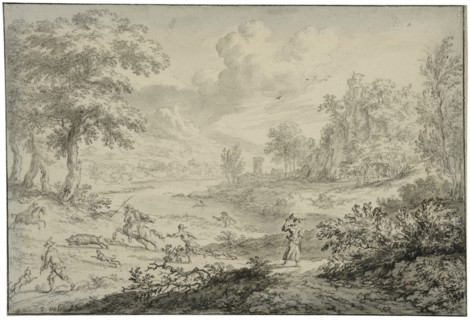 Italian landscape with wild boar hunting. Creator: Dirck Dalens II.