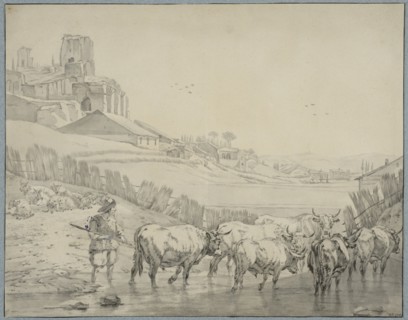 Shepherd with cattle on a river bank. Creator: Unknown.