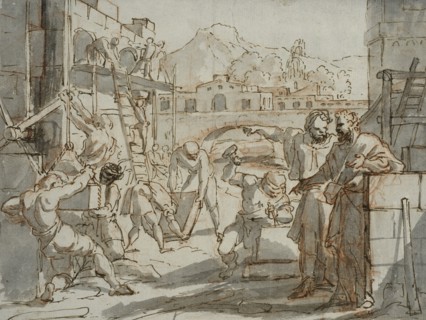 Nehemiah rebuilds the walls of Jerusalem? . Creator: Jan Luyken.
