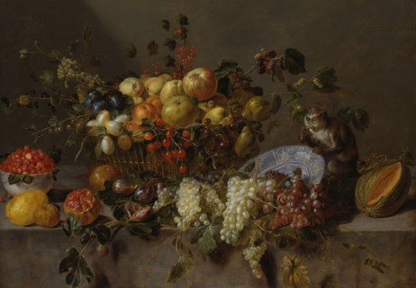 Still Life with Fruit and a Monkey eating Grapes, 1635. Creator: Adriaen van Utrecht.