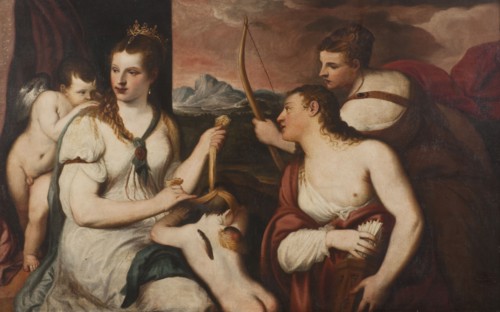 Venus blindfolds Cupid's eyes, mid-16th century. Creator: Andrea Schiavone.