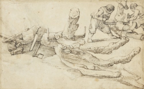 Woodcutters Cutting up Tree Trunks. Creator: Jan van de Velde II.
