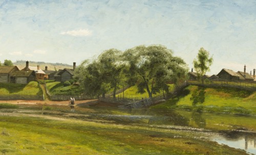 Village and River (Lillån), Orsa, c19th century. Creator: Olof Per Ulrik Arborelius.