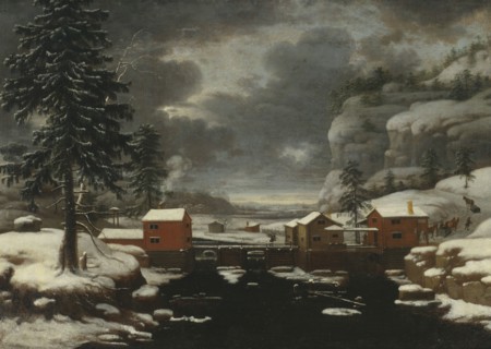 Winter landscape with pale red dam buildings, 1677. Creator: T Filoque.