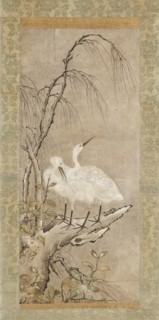 Winter Landscape of Two Herons, Willow, and Tea Plants Blossoms, c1550. Creator: Anon.