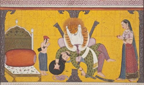Narasimha Disemboweling Hiranyakashipu, Folio from a Bhagavata Purana, between c1760 and c1770. Creator: Unknown.