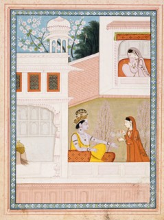 Krishna Talks to Radha's Maidservant, Folio from a Satsai (Seven Hundred Verses..., c1825. Creator: Unknown.