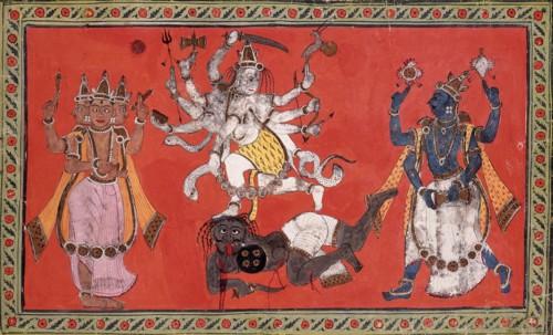 Shiva Performing the Dance of Bliss while Vishnu and Brahma Provide Musical Accompaniment, c1760. Creator: Unknown.