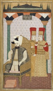 Sultan Mehmet III (reigned 1595-1603) Enthroned, Attended by Two Janissaries, c1600. Creator: Unknown.