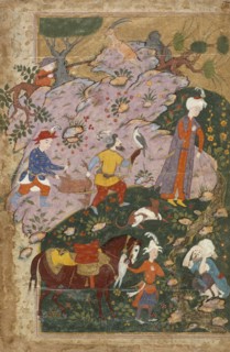 Courtier and Attendants in a Landscape, Left Side of a Double-Page..., between c1585 and c1590. Creator: Unknown.